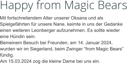 Happy from Magic Bears Mit fortschreitendem Alter unserer Oksana und als Spielgefährten für unsere Nane, keimte in uns der Gedanke einen weiteren Leonberger aufzunehmen. Es sollte wieder eine Hündin sein.  Beineinem Besuch bei Freunden, am 14. Januar 2024, wurden wir im Siegerland, beim Zwinger “from Magic Bears” fündig.  Am 15.03.2024 zog die kleine Dame bei uns ein.